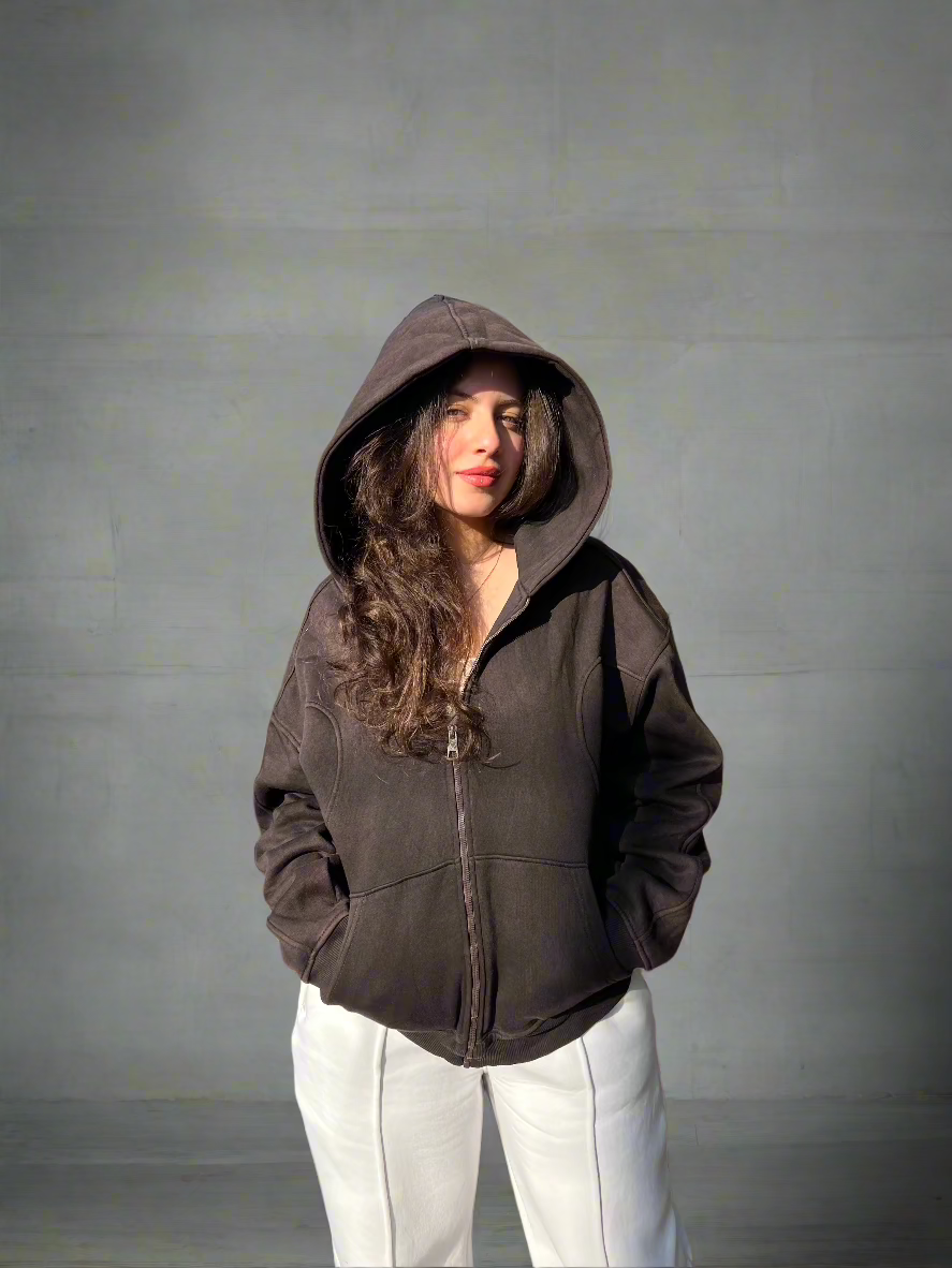 Essential Zip-Up  Washed Dark Chocolate Hoodie