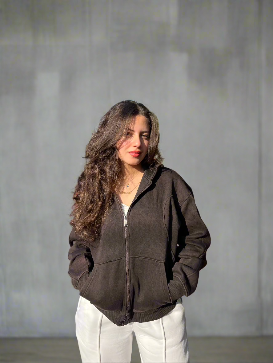 Essential Zip-Up  Washed Dark Chocolate Hoodie