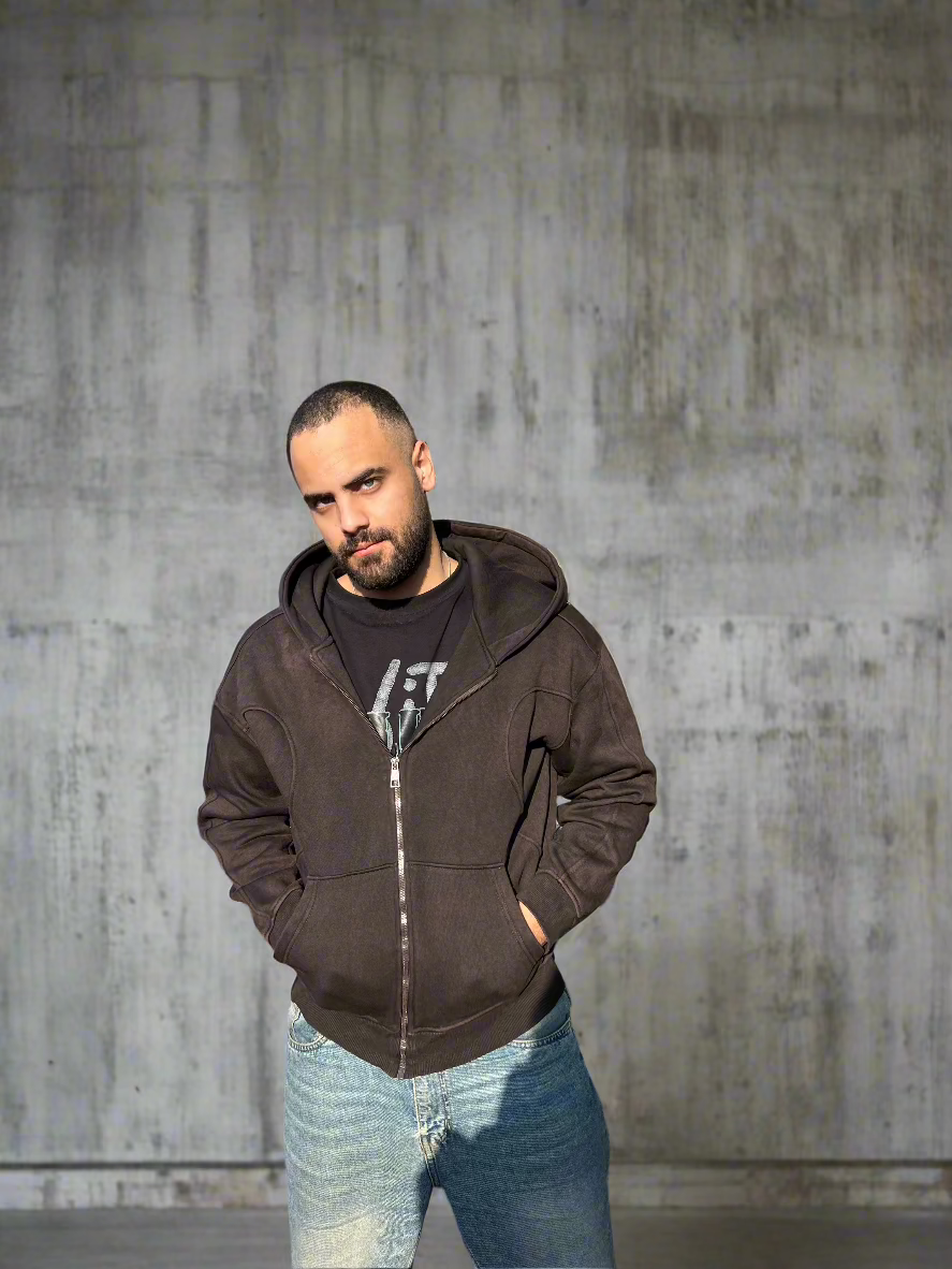 Essential Zip-Up  Washed Dark Chocolate Hoodie
