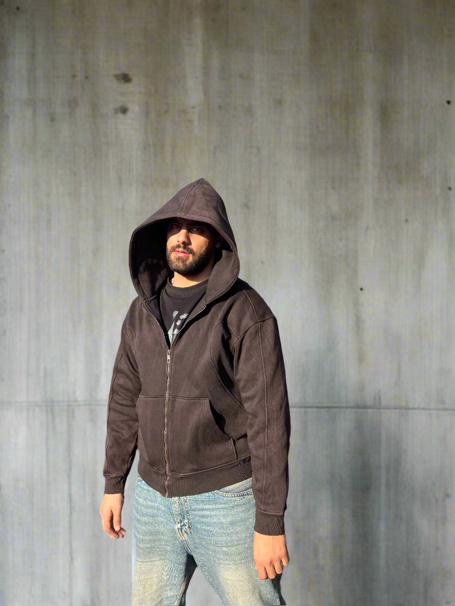 Essential Zip-Up  Washed Dark Chocolate Hoodie