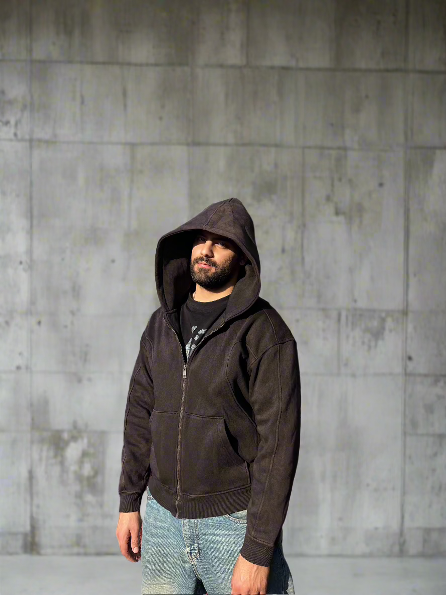 Essential Zip-Up  Washed Dark Chocolate Hoodie