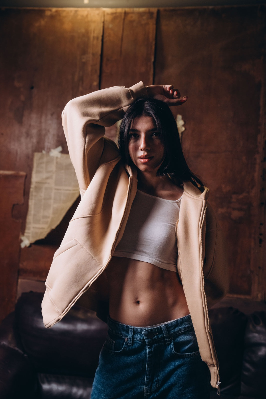 Essential Zip-Up sandstone Hoodie