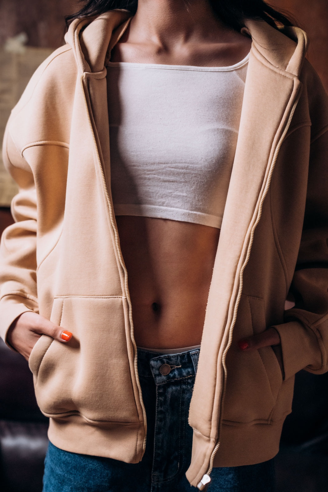 Essential Zip-Up sandstone Hoodie